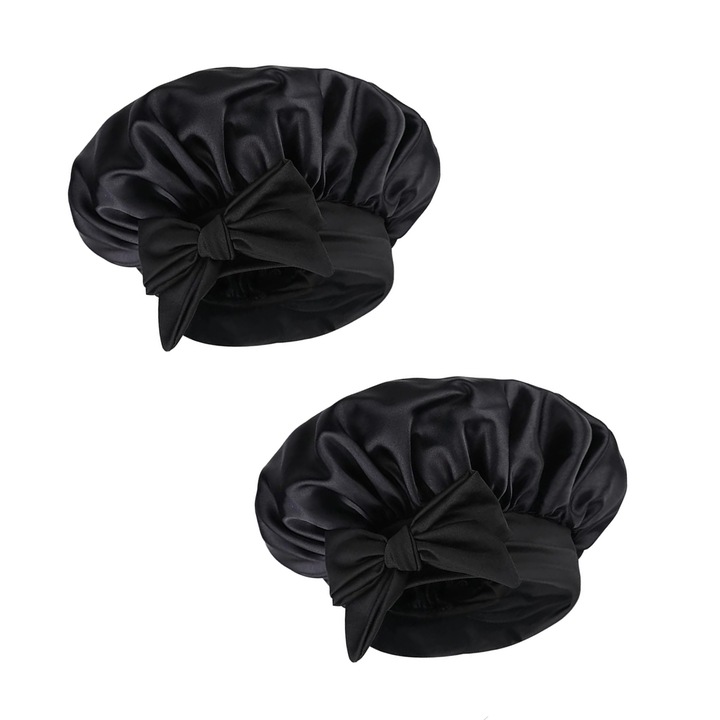 Set 2 Boneta din Satin, NUODWELL, Material satin, mentine umiditatea parului si reduce incurcarea, cu banda elastica pentru o fixare buna, protectie pentru somn, negru