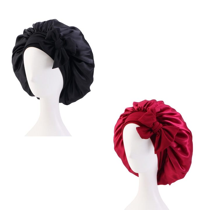 Set 2 Boneta din Satin, NUODWELL, Material satin, mentine umiditatea parului si reduce incurcarea, cu banda elastica pentru o fixare buna, protectie pentru somn, negru si rosu