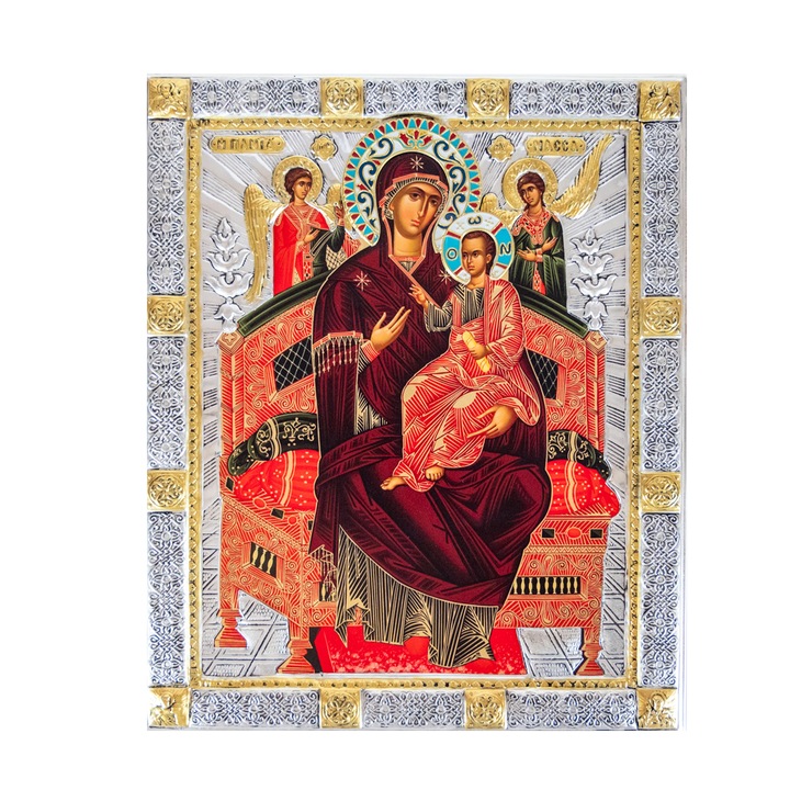 Icoana Maica Domnului "Panagia Pantanassa", Manastirea Vatopedi Muntele Athos, Serigrafie, Placata cu Argint, 35x28 cm