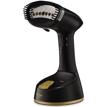 Fier de calcat vertical cu aburi Zelmer Compact ZGS1800, putere 1470 W, abur constant 21 g/min, lungime cablu 1,8 m, negru/auriu