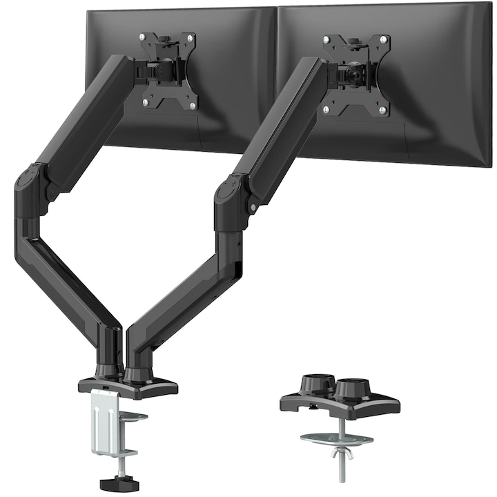 Suport de montare pentru monitor dublu, XIUWOO, brat pentru monitor cu arc de gaz articulat, suport pentru monitor reglabil, cu clema si baza cu ochi, se potriveste cu monitoare de computer LCD de pana la 32 inchi, negru
