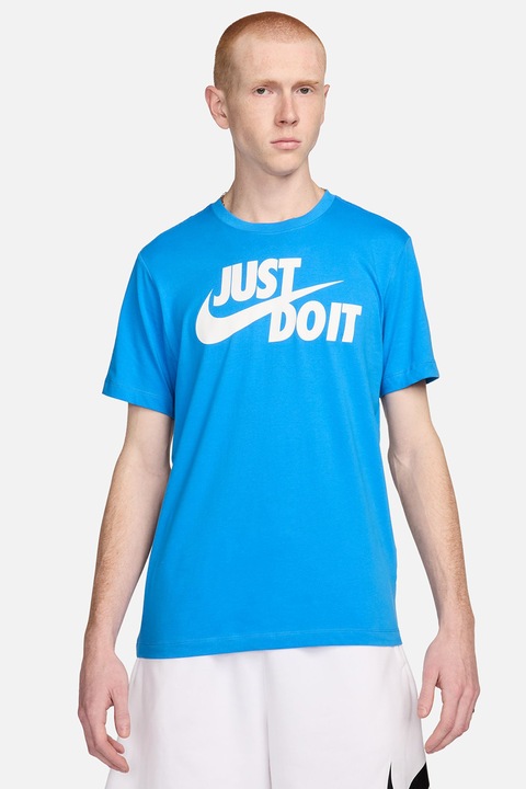 Nike, Tricou de bumbac cu imprimeu logo si text Swoosh, Alb murdar/Albastru deschis