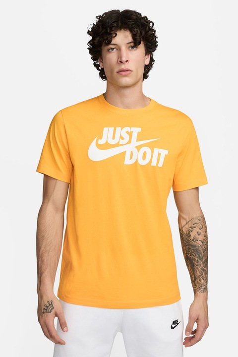 Nike, Памучна тениска Swoosh с лого, Шафраново жълто/Мръснобял