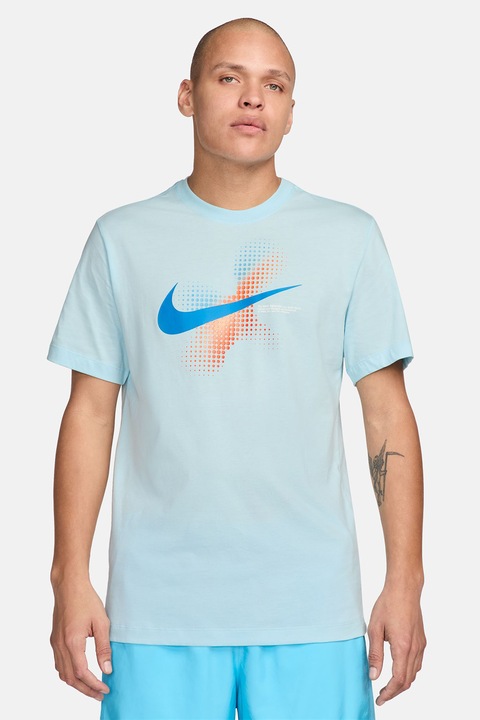 Nike, Tricou cu imprimeu logo si decolteu la baza gatului, Turcoaz, Albastru glaciar, XL