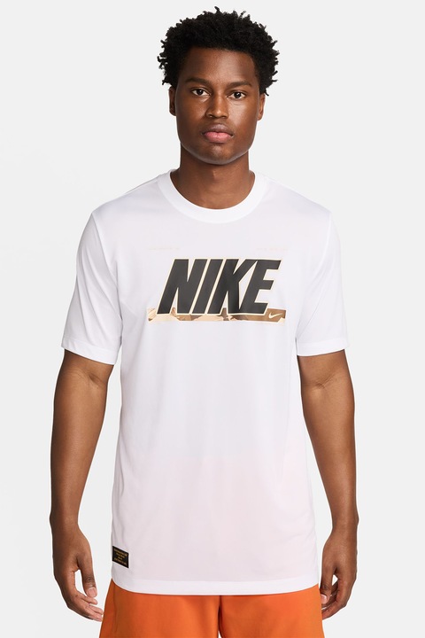 Nike, Tricou cu imprimeu logo pentru antrenament, Alb/Negru/Maro, XL