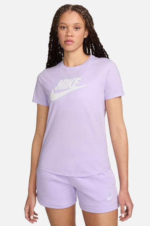 Nike, Tricou cu imprimeu logo Sportswear Essentials, Alb/Lila