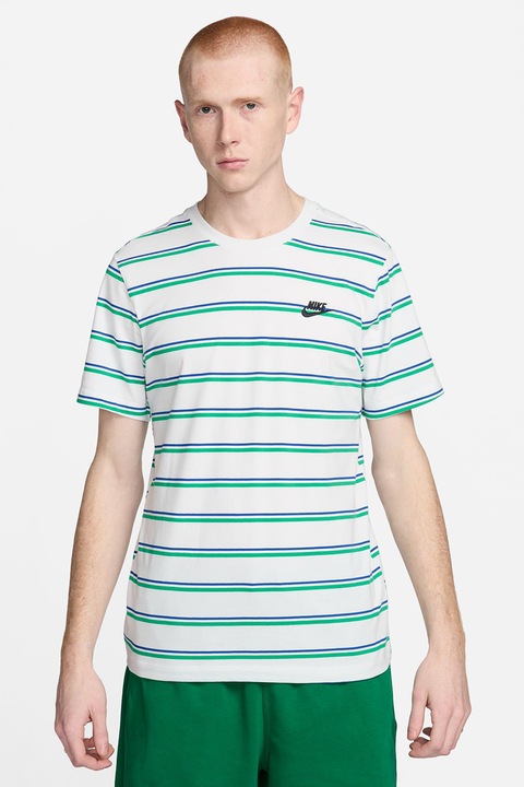 Nike, Tricou cu decolteu rotund si model in dungi, Alb/Verde/Albastru