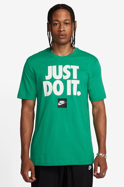 Nike, Памучна тениска Sportswear с принт, Бял/Зелен