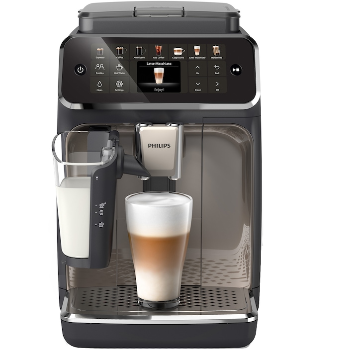 Кафеавтомат Philips EP4449/70 серия 4400, 15 бара налягане, Млечен разтвор LatteGO, 12 вида напитки, Интуитивен сензорен екран, Нова технология SilentBrew за безшумно приготвяне, Керамична мелачка, QuickStart функция, Черен/Бронз