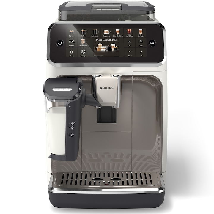 Кафеавтомат Philips EP5545/70 серия 5500, 15 бара налягане, Млечен разтвор LatteGO, 20 вида напитки, Сензорен екран, Нова технология SilentBrew за безшумно приготвяне, Керамична мелачка, Функция QuickStart, Допълнителна струя, Бял