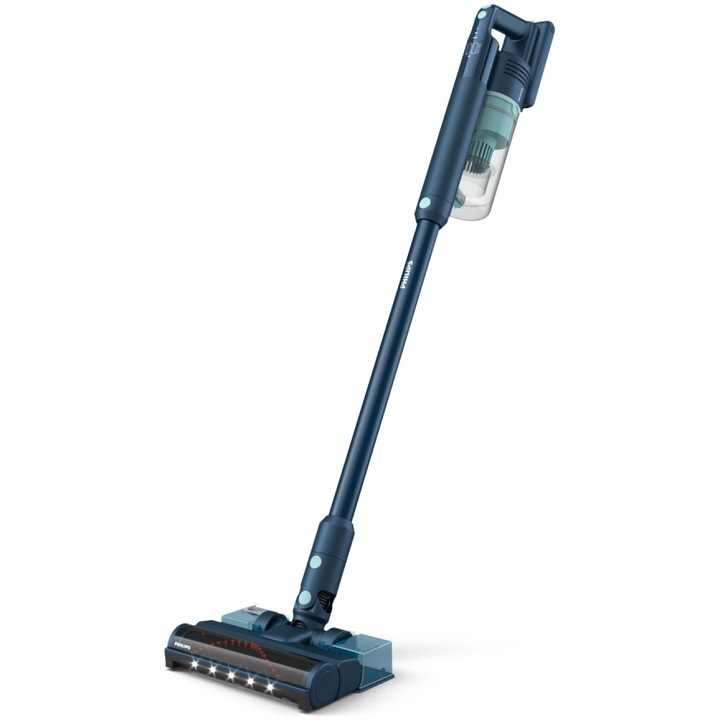 Прахосмукачка Philips XC5141/01 Aqua Серия 5000, Вертикална, 25.2V, Време на работа до 60 мин., 3-степенна система за филтриране, LED светлини, Цифров дисплей, Сменяема батерия, Син
