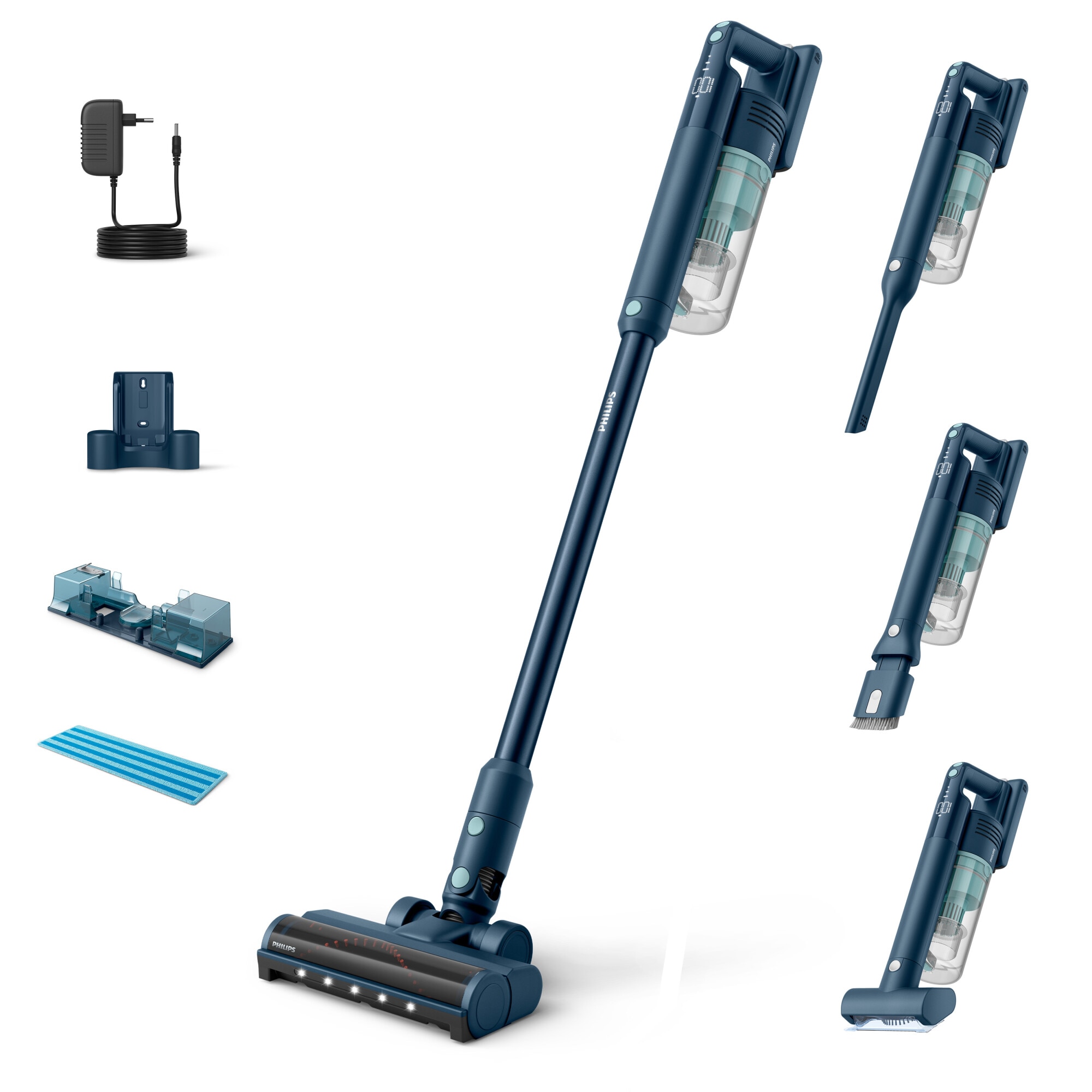 Aspirator vertical Philips XC5141/01 Aqua Seria 5000, 25.2V, durata de functionare pana la 60 min, sistem de filtrare in 3 etape, lumini LED, afisaj digital, baterie detasabila, Albastru