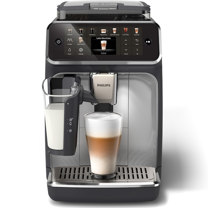 Espressor automat Philips EP5546/70 seria 5500, presiune 15 bari, solutie de lapte LatteGO, 20 tipuri de bauturi, ecran tactil , Tehnologie noua SilentBrew-preparare silentioasa, rasnita ceramica, functie QuickStart, jet suplimentar, negru argintiu