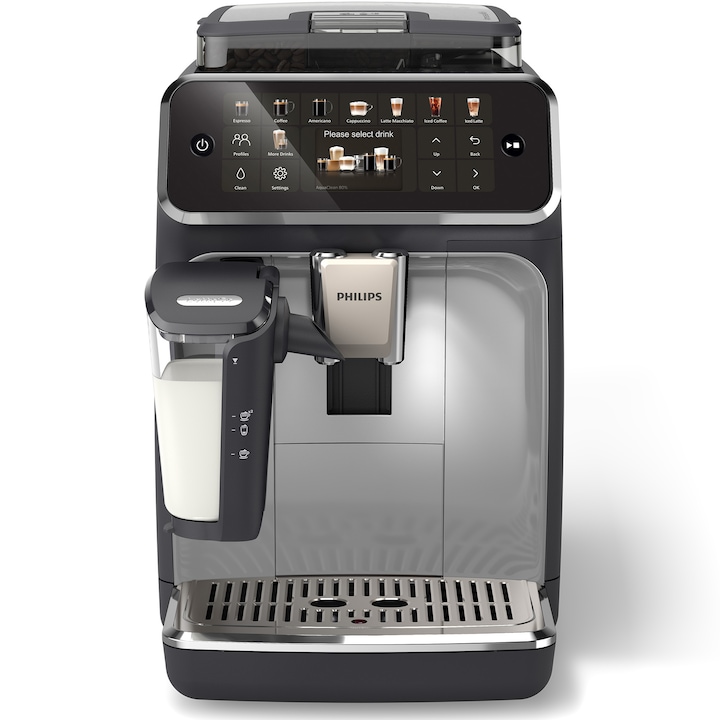 Espressor automat Philips EP5546/70 seria 5500, presiune 15 bari, solutie de lapte LatteGO, 20 tipuri de bauturi, ecran tactil , Tehnologie noua SilentBrew-preparare silentioasa, rasnita ceramica, functie QuickStart, jet suplimentar, negru argintiu