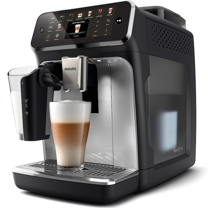 Espressor automat Philips EP5546/70 seria 5500, presiune 15 bari, solutie de lapte LatteGO, 20 tipuri de bauturi, ecran tactil , Tehnologie noua SilentBrew-preparare silentioasa, rasnita ceramica, functie QuickStart, jet suplimentar, negru argintiu