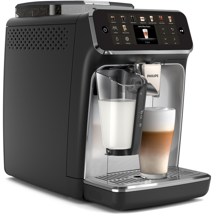 Espressor automat Philips EP5546/70 seria 5500, presiune 15 bari, solutie de lapte LatteGO, 20 tipuri de bauturi, ecran tactil , Tehnologie noua SilentBrew-preparare silentioasa, rasnita ceramica, functie QuickStart, jet suplimentar, negru argintiu