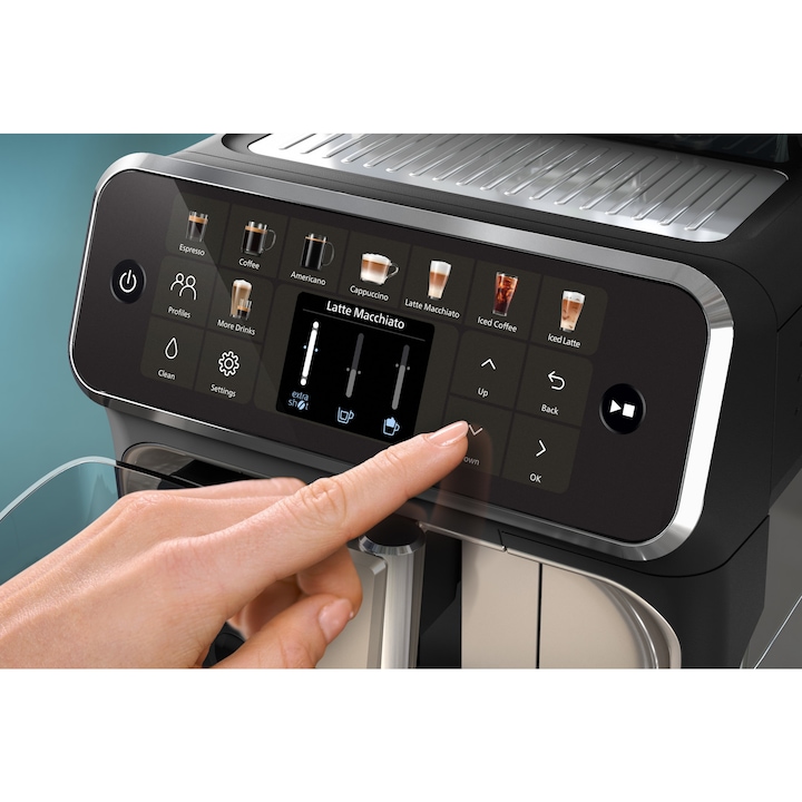 Espressor automat Philips EP5546/70 seria 5500, presiune 15 bari, solutie de lapte LatteGO, 20 tipuri de bauturi, ecran tactil , Tehnologie noua SilentBrew-preparare silentioasa, rasnita ceramica, functie QuickStart, jet suplimentar, negru argintiu
