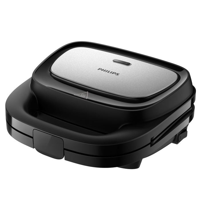 Sandwich-maker Philips HD2350/80 seria 3000, 750 W, Plite neaderente detasabile, Plitele de taiere si sigilare, 3 seturi de plite pentru panini, vafe si sandwich-uri, Leduri indicatoare, Sistem de blocare rapida, Comutator pornit/oprit, Negru