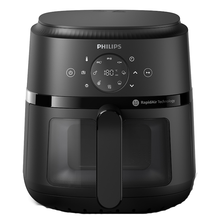 Фритюрник без мазнина Philips NA220/00 Серия 2000, 4,2 л, 13 метода на готвене, Прозорец за наблюдаване на готвенето, Сензорен екран, RapidAir технология, Контрол на времето до 60 минути, Черен