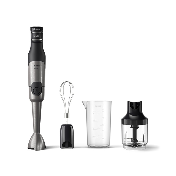 Mixer vertical Philips HR2683/00 Seria 5000, 1200 W, Tehnologie SpeedTouch, Aparatoare impotriva stropirii pentru lama, Indicator de viteza cu LED, Accesorii tel si tocator, negru/argintiu