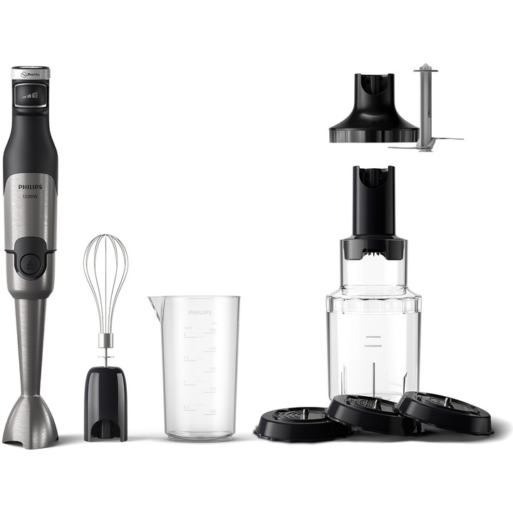 Пасатор Philips HR2684/00 Series 5000, 1200 W, Технология SpeedTouch, Защита срещу пръски на остриетата, LED индикатор за скоростта, Ръчни аксесоари, Чопър XL и бъркалка, Черен/Сребрист