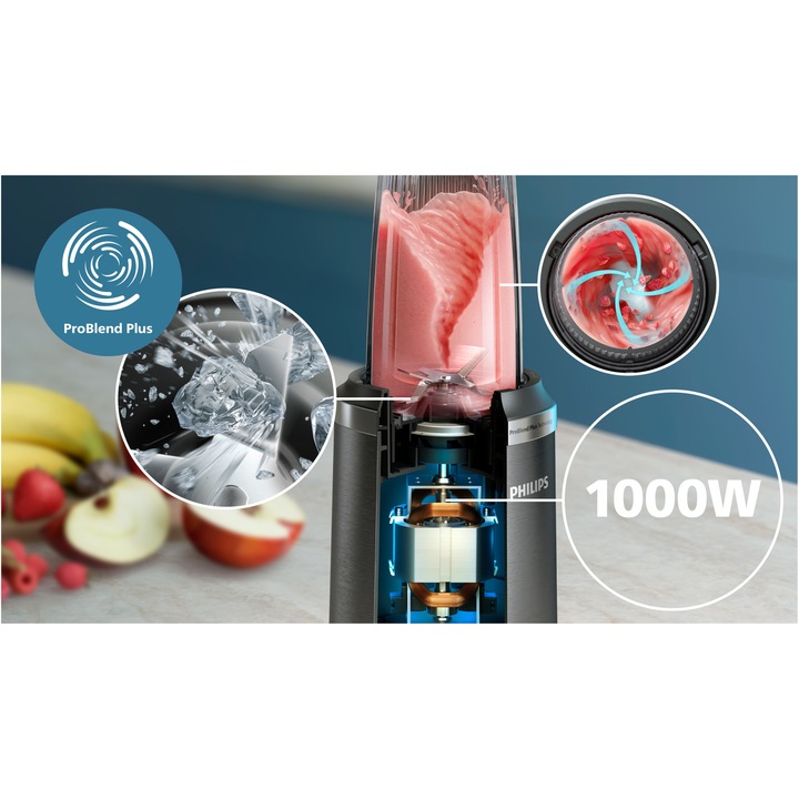 Блендер Philips HR2766/00 Series 5000, 800 W, Технология и остриета ProBlend Plus, Подвижни остриета, Чаша с капак 700 мл, Компактен дизайн, Черен/Сребрист