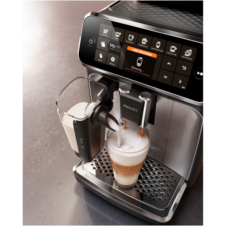 Espressor automat Philips EP4346/71 seria 4300, presiune 15 bari, solutie de lapte LatteGO, 12 tipuri de bauturi, ecran tactil intuitiv, Tehnologie noua SilentBrew pentru preparare silentioasa, rasnita ceramica, functie QuickStart, negru- bronz