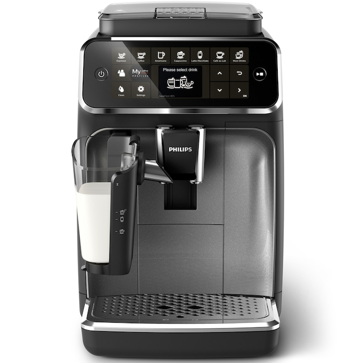 Кафеавтомат Philips EP4346/71 серия 4300, 15 бара налягане, Млечен разтвор LatteGO, 12 вида напитки, Интуитивен сензорен екран, Нова технология SilentBrew за безшумно приготвяне, Керамична мелачка, QuickStart функция, Черен/Бронз