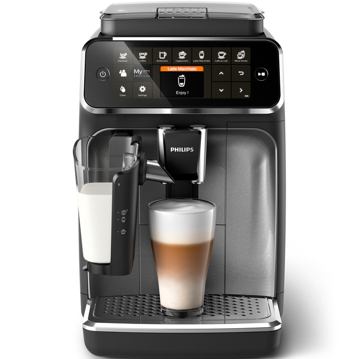 Espressor automat Philips EP4346/71 seria 4300, presiune 15 bari, solutie de lapte LatteGO, 8 tipuri de bauturi, ecran tactil intuitiv, Tehnologie noua SilentBrew pentru preparare silentioasa, rasnita ceramica, functie QuickStart, negru- bronz