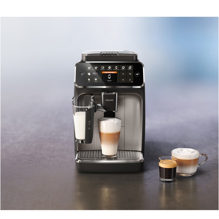 Espressor automat Philips EP4346/71 seria 4300, presiune 15 bari, solutie de lapte LatteGO, 12 tipuri de bauturi, ecran tactil intuitiv, Tehnologie noua SilentBrew pentru preparare silentioasa, rasnita ceramica, functie QuickStart, negru- bronz