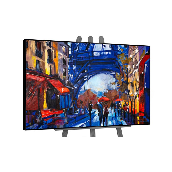 Tablou pictat manual, acrilic pe panza, Strazile Parisului, cu rama in Negru, 120x80 cm