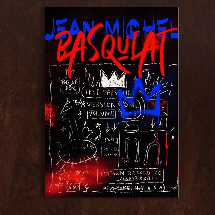 Премиум картина върху платно, LuxCanva® A1407, Жан-Мишел Баския, 100 X 145 см, 100% памучно платно 400 г/м2, дървена рамка, стая, художник, SAMO графити, улично изкуство, хол, ярки цветове