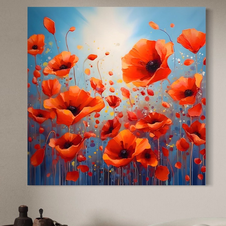 Премиум Канава Картина, LuxCanva® A1408, Маково Поле, 75 X 75 СМ, 100% Памучно Платно 400гр/м2, Дървена Рамка, Стая, Природа, Растение, Червени Цветя, Пейзаж, Всекидневна, Ярки Цветове