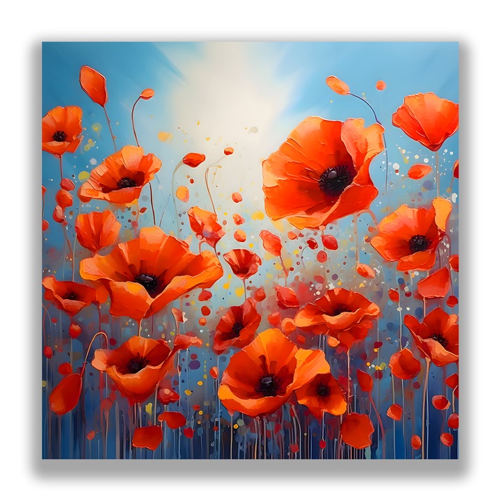 Картина на платно, LuxCanva® A1408, Поле с макове, 50 X 50 CM, 100% памучно платно 400g/m2, Дървена рамка, Стая, Природа, Растение, Червени цветя, Пейзаж, Всекидневна, Живи цветове