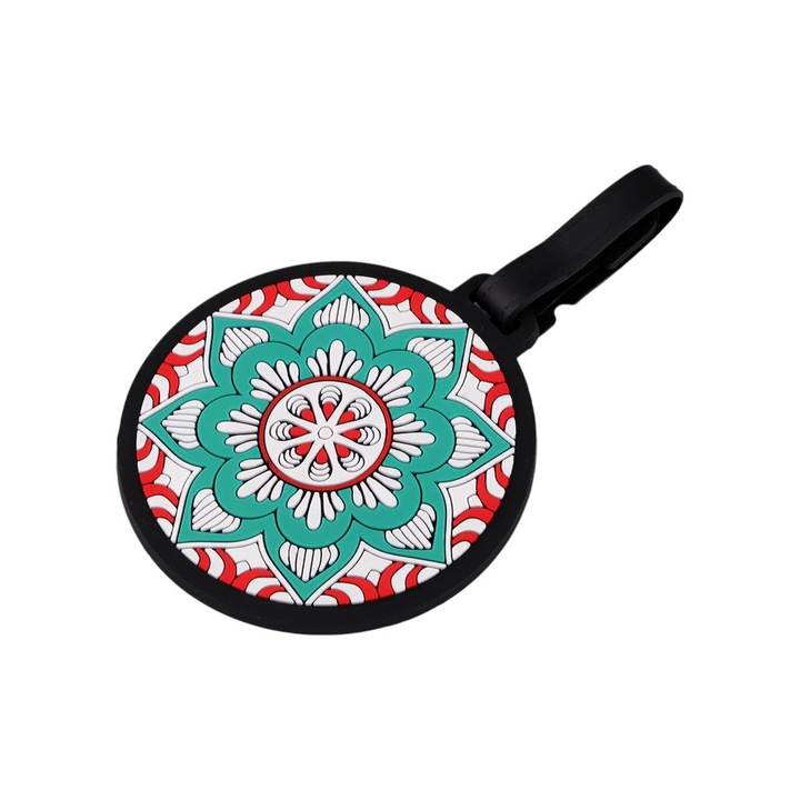 Szilikon jelvény Crisalida poggyász azonosítására, mandala motívum, 9 cm, türkiz