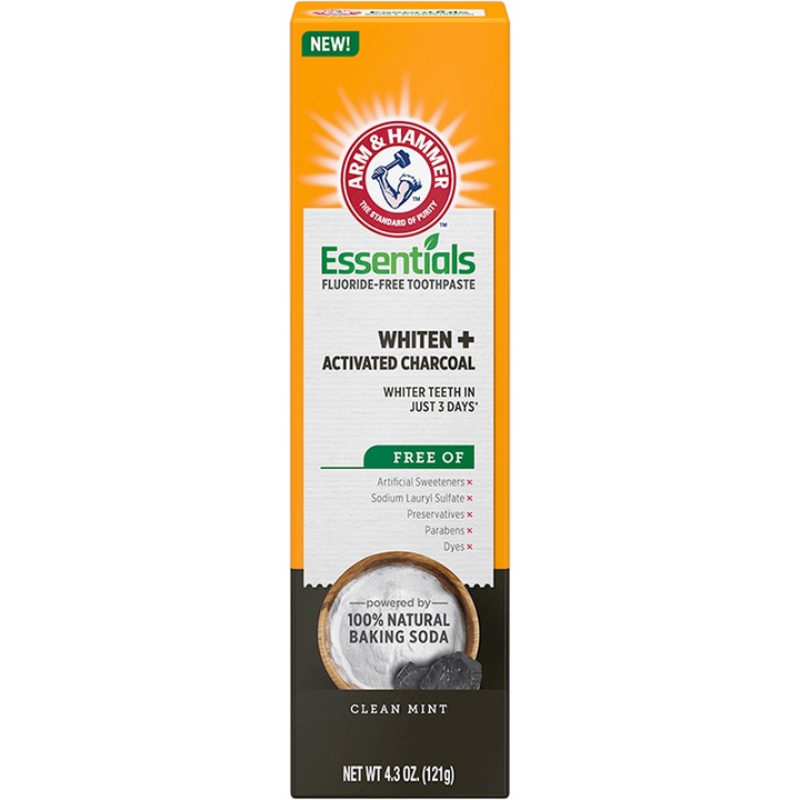 Паста за зъби, Arm & Hammer, Essentials Charcoal, без флуорид, за избелване на зъби с активен въглен, 121 гр