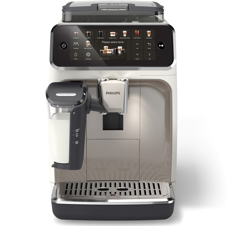 Espressor automat Philips EP5543/90 seria 5500, presiune 15 bari, solutie de lapte LatteGO, 20 tipuri de bauturi, ecran tactil, Tehnologie noua SilentBrew-preparare silentioasa, rasnita ceramica, functie QuickStart, jet suplimentar, alb cromat