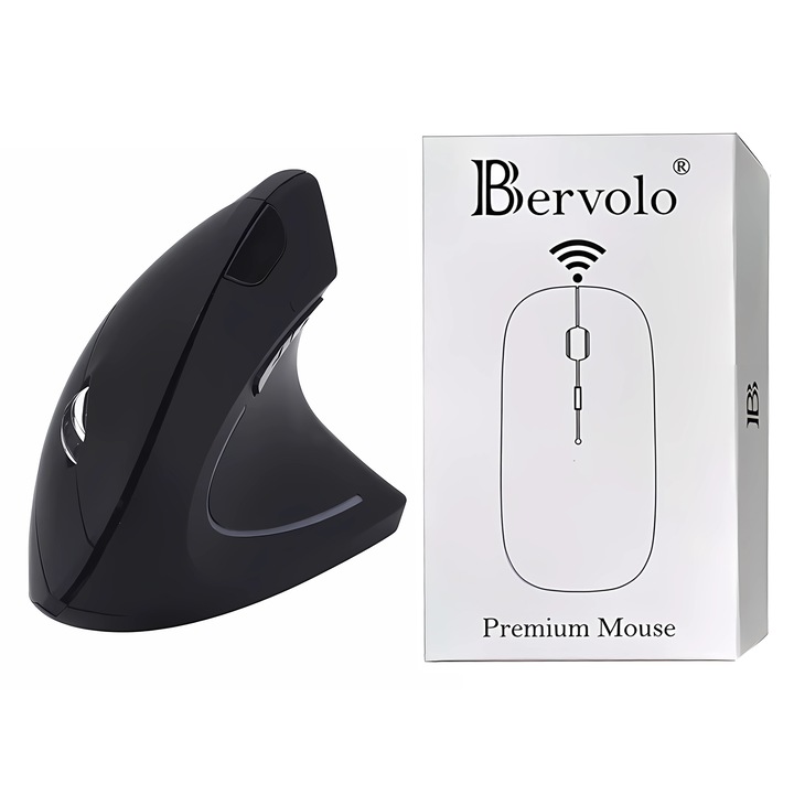 Мишка Ergonomic Pro Bervolo, Dual USB и Bluetooth, акумулаторна, регулируема DPI 800/1200/1600, тихо щракване, 5 бутона, черна