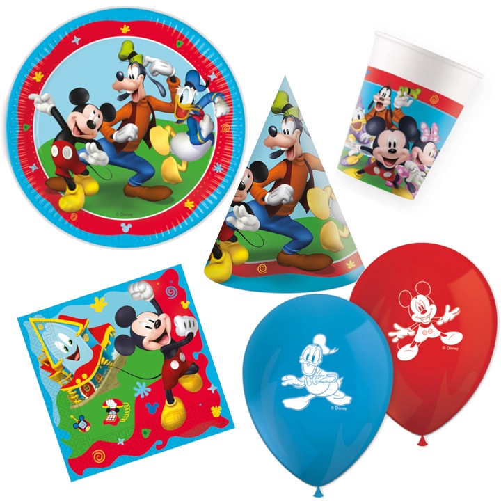 Set 50 piese articole party Mickey Mouse, pahare, farfurii, servetele, coifuri, baloane, Procos