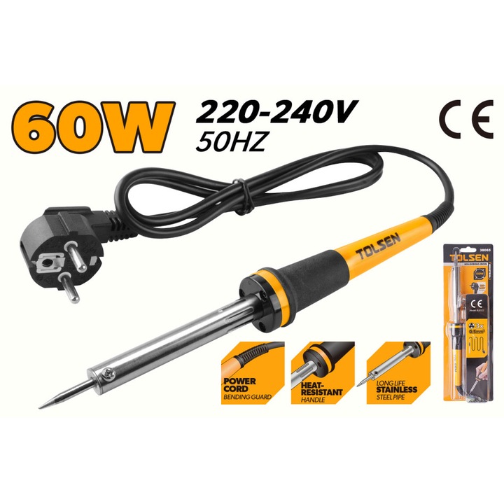 Pistol de lipit electric TOLSEN 60W, 220–240V, Incalzire rapida 3–5 min, Varf drept, Suport inclus, Ideal pentru electronice, reparatii fine si proiecte hobby, Aprobat CE, Industrial