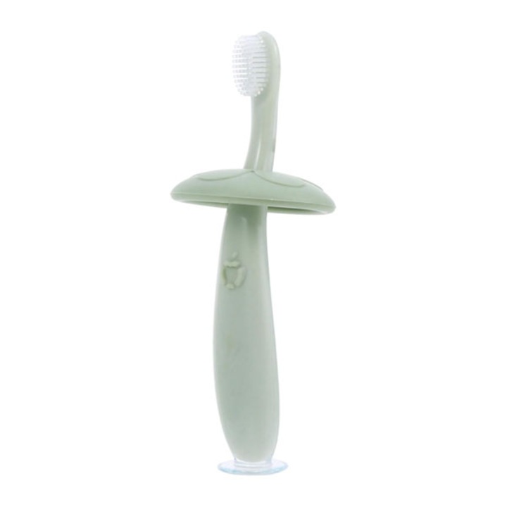 Четка за зъби с мек косъм, защита против удавяне, вендуза и кутия за съхранение за бебета и деца 1+ години - хранителен силикон - Dodoli, Green