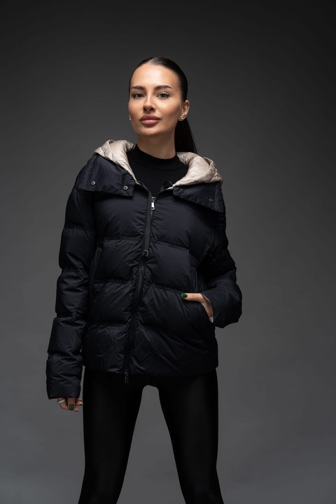 Geaca matlasata cu umplutura de puf gasca cu gluga, ARIA, Negru si Bej, KATERINI, marime S