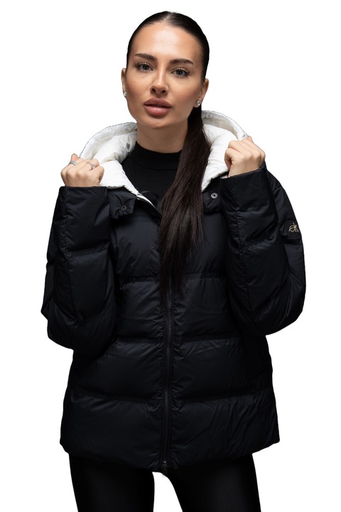 Geaca matlasata cu umplutura de puf gasca oversize cu gluga, ARIA, culoare Negru si Alb, marime S, Katerini