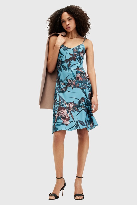 AllSaints, Rochie evazata fara maneci Bryony Batu, Maro cognac/Turcoaz/Roz somon, XS