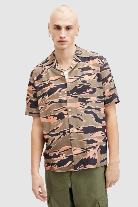 AllSaints, Solar kényelmes fazonú mintás ing, Fekete/Lazacszín/Khaki