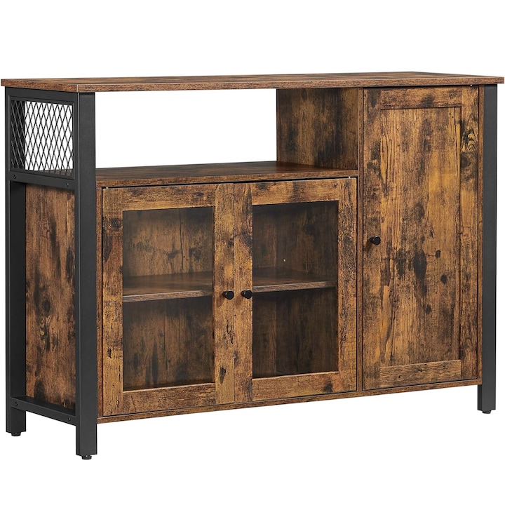 Dulap de depozitare tip bufet VASAGLE, cu 3 usi, stil industrial, 110x33x75cm, maro rustic si negru