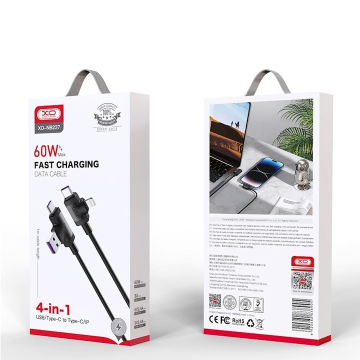 XO кабел, 4 в 1, USB/USB-C - Lightning/USB-C 1, 0 m 60W, черен