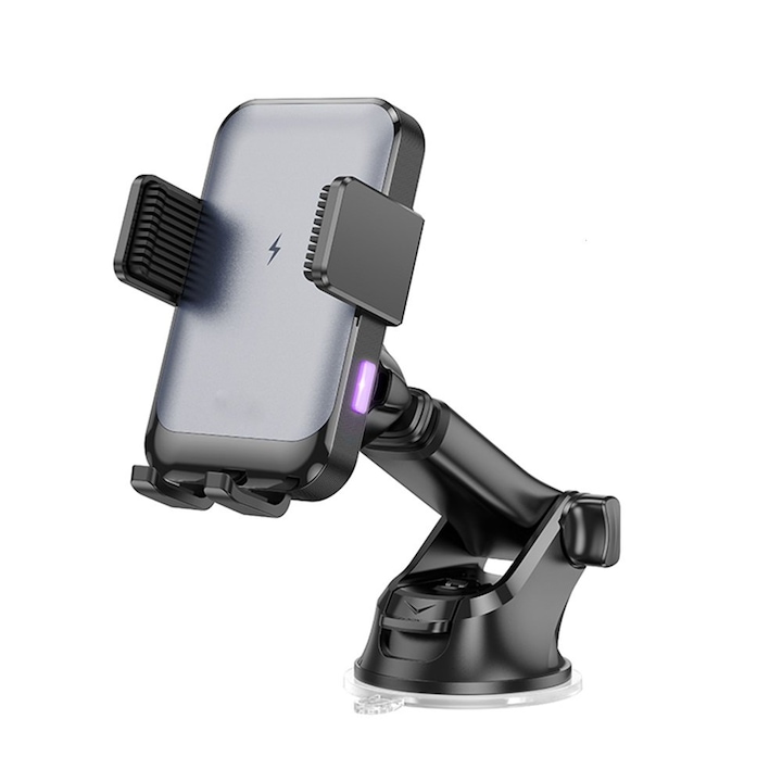Autós tartó, autó műszerfalra rögzíthető, szélvédőre vagy szellőzőrácsra, vezeték nélküli töltés, 15W, HW9, fém, Fekete