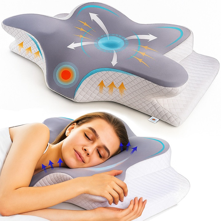 Linomag Memóriahabos nyaktámasztó párna, Sötétszürke/Fehér, 62 x 41 x 11-13 cm