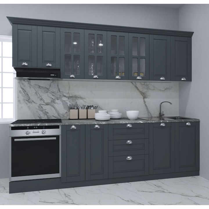 Set bucatarie cu soft-close si fronturi MDF, Badenmob, seria Square, L260.02x60cm, Antracit